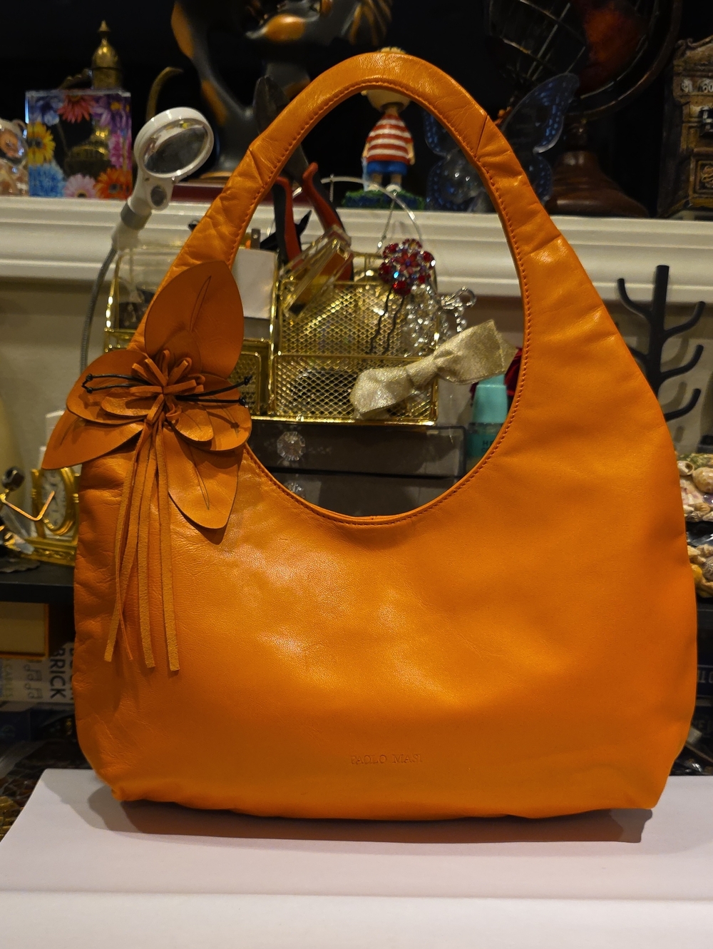 Paolo Masi Vibrant Orange Floral Hobo Shoulder Bag